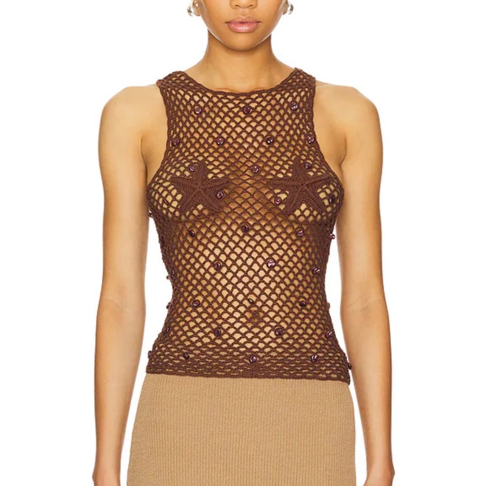 Lovers + Friends Brown Crochet Beaded Tank
